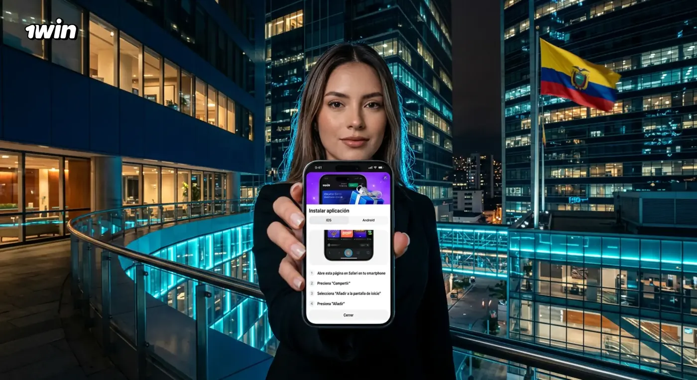 Mujer mostrando en su celular las instrucciones para instalar la app de 1win en una terraza de noche, con la bandera de Ecuador