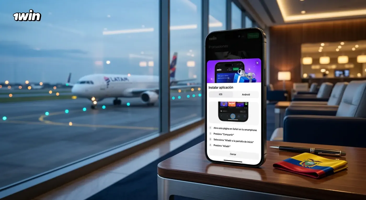 Celular con la pantalla Instalar aplicación de 1win sobre una mesa en una sala con vista a un avión y la bandera de Ecuador