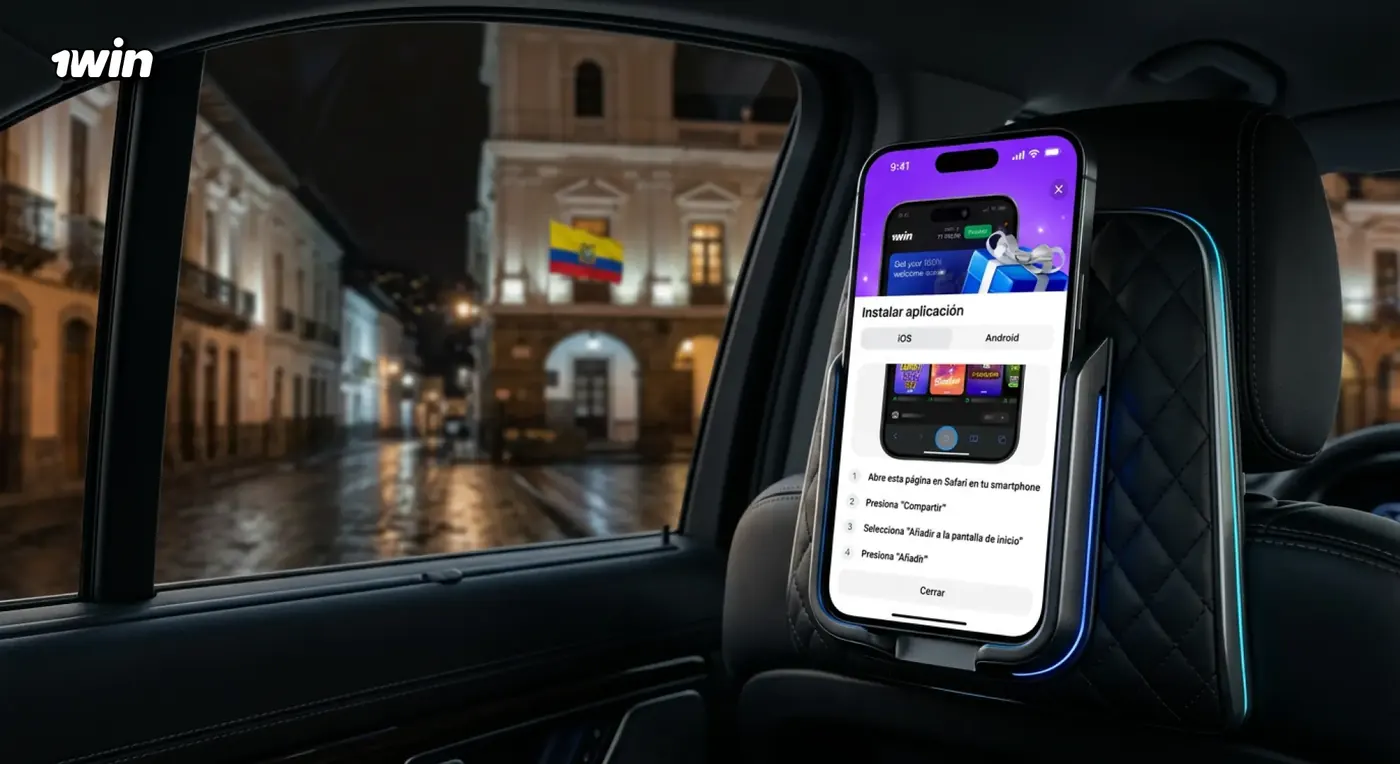 Celular con las instrucciones para instalar la app de 1win en un soporte dentro de un auto, con una calle iluminada de noche y una bandera de Ecuador al fondo