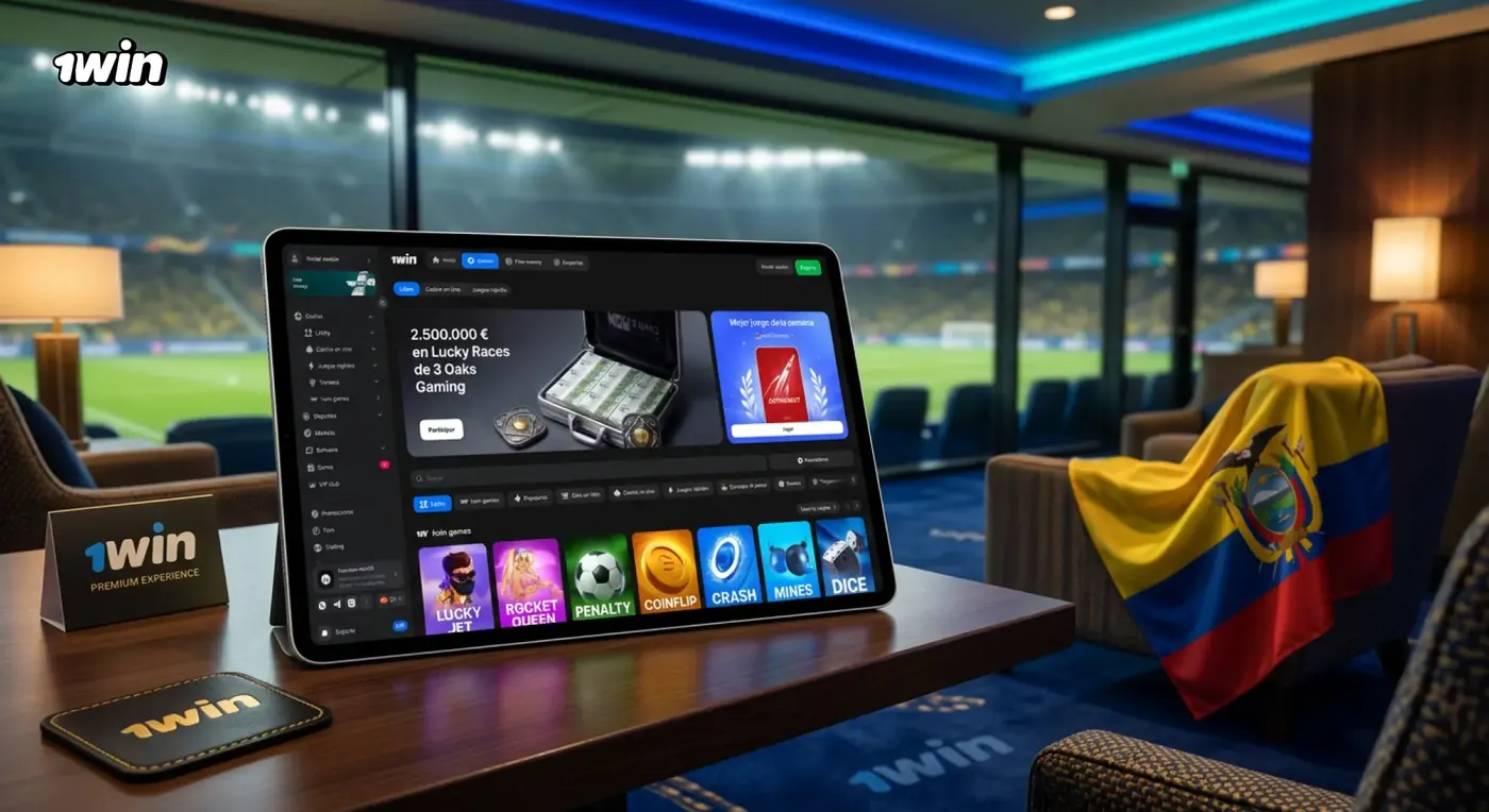 Tablet con el lobby de 1win sobre una mesa en un salón con vista al estadio y la bandera de Ecuador