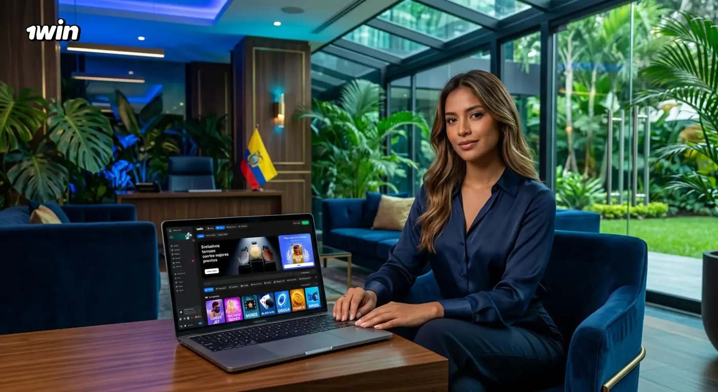 Mujer con blusa azul trabajando con una laptop con la web de 1win en un salón con plantas y la bandera de Ecuador