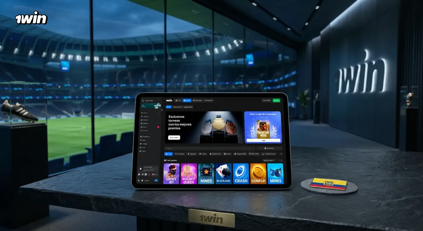 Tablet con las apuestas deportivas de 1win en un palco con vista al estadio y una pequeña bandera de Ecuador